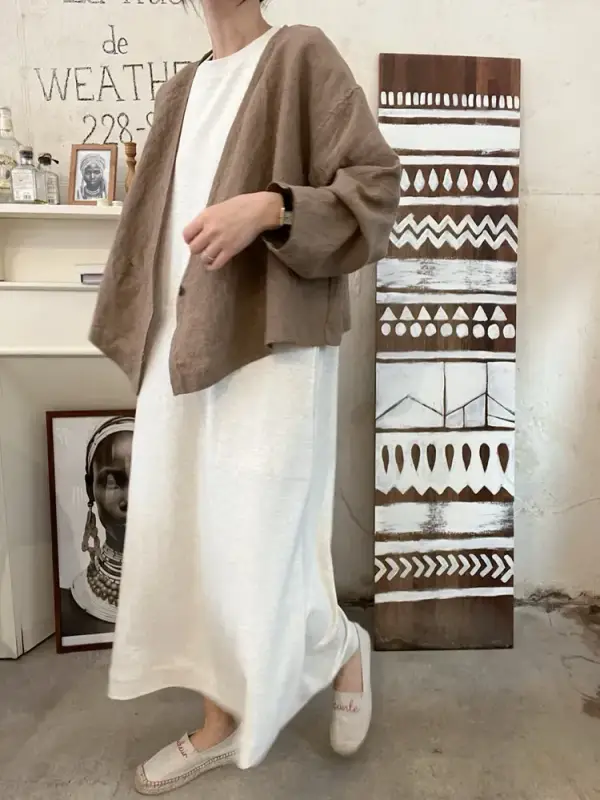 韓 大V領棉麻外套 2色