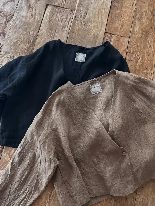 韓 大V領棉麻外套 2色