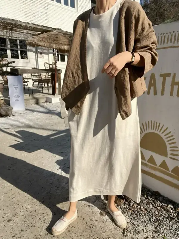 韓 大V領棉麻外套 2色