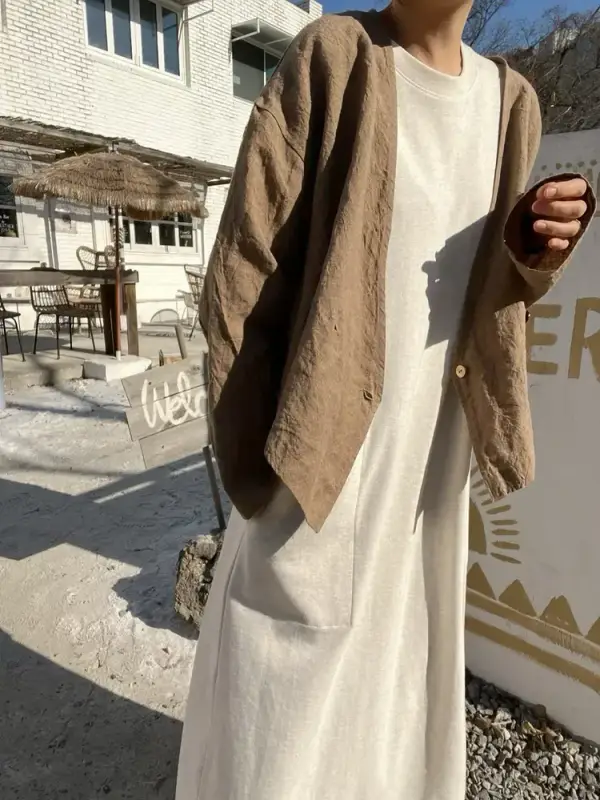 韓 大V領棉麻外套 2色