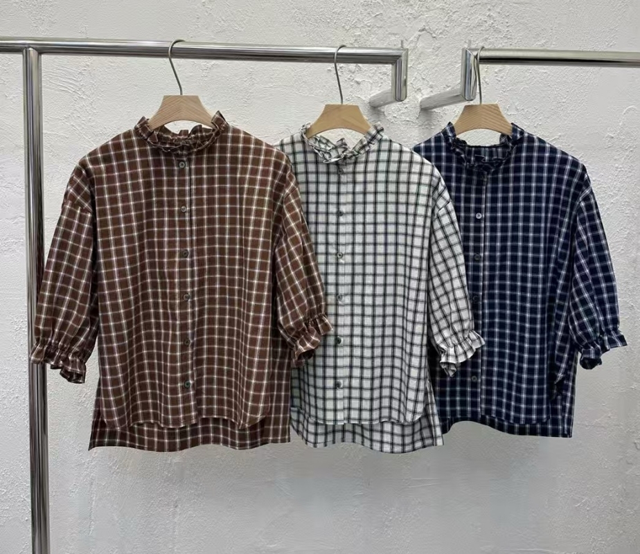 韓 荷葉領格文襯衫 3色