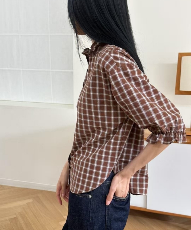 韓 荷葉領格文襯衫 3色