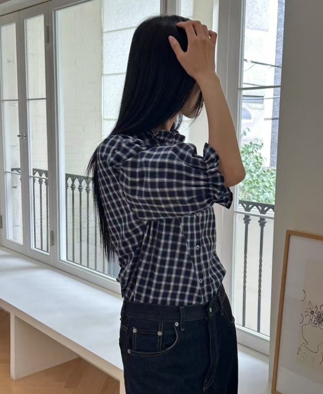 韓 荷葉領格文襯衫 3色