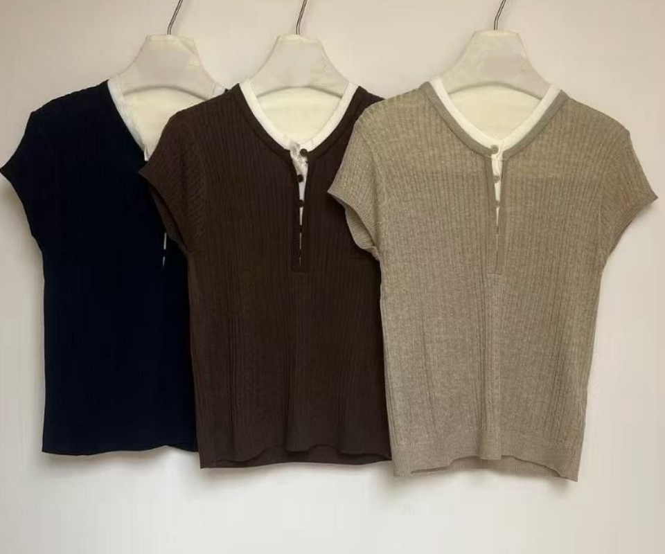 韓 配色領羅紋上衣 3色 size