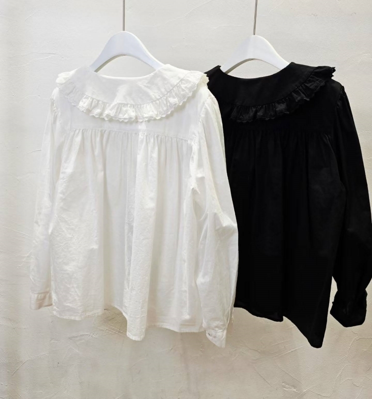 韓 荷葉領刺繡襯衫  2色