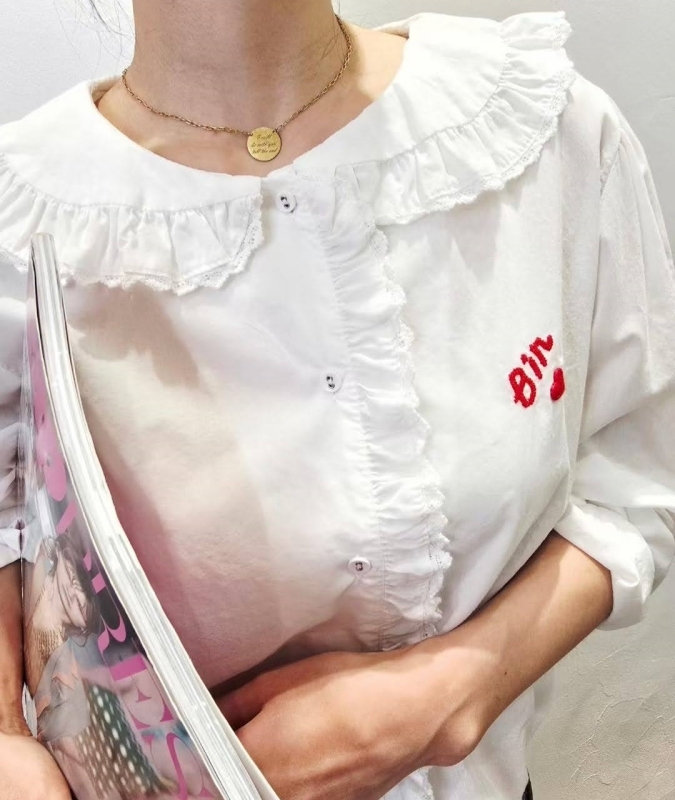 韓 荷葉領刺繡襯衫  2色
