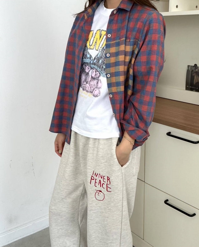 韓 撞色格紋口袋襯衫 2色