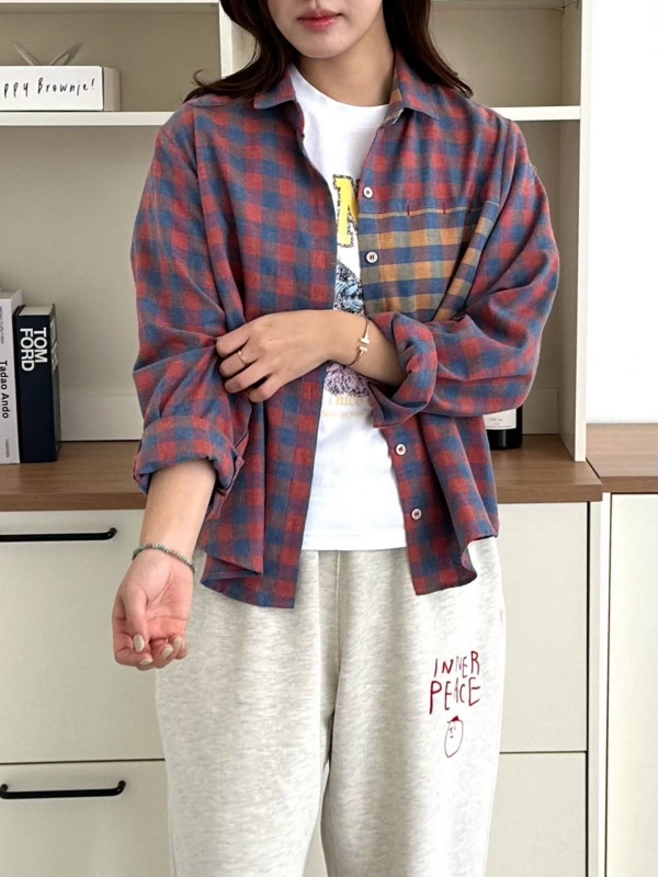 韓 撞色格紋口袋襯衫 2色