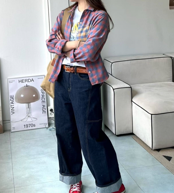 韓 撞色格紋口袋襯衫 2色