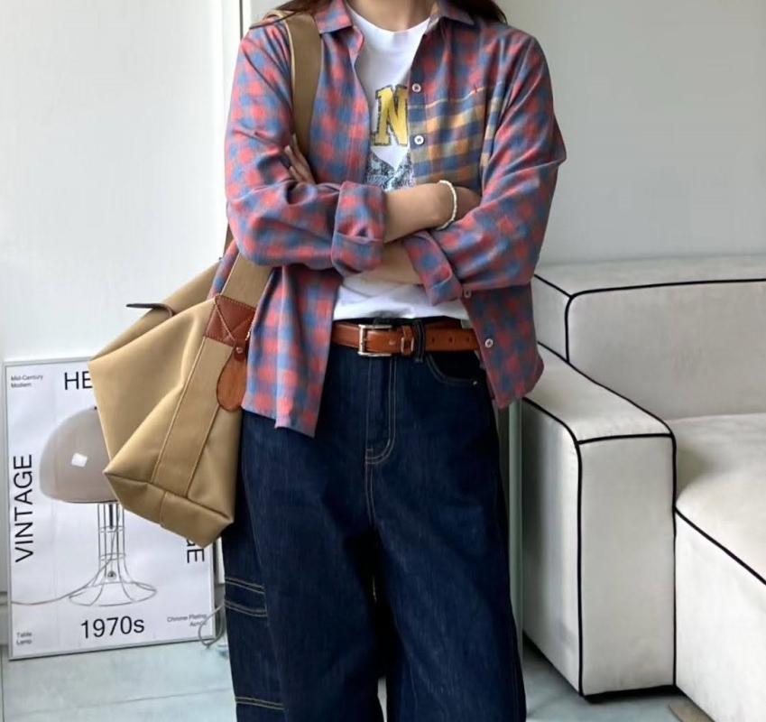 韓 撞色格紋口袋襯衫 2色