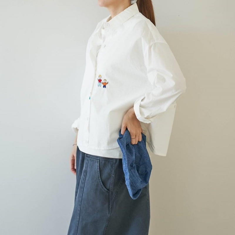 韓 小人刺繡彩釦襯衫 3色