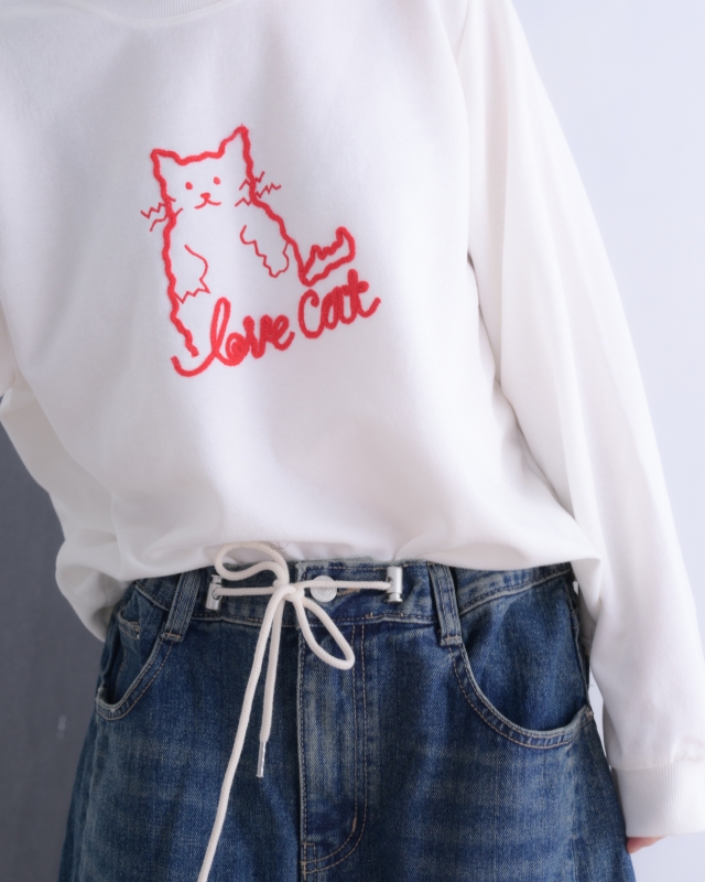 韓 貓咪刺繡抽繩大學T 2色 size