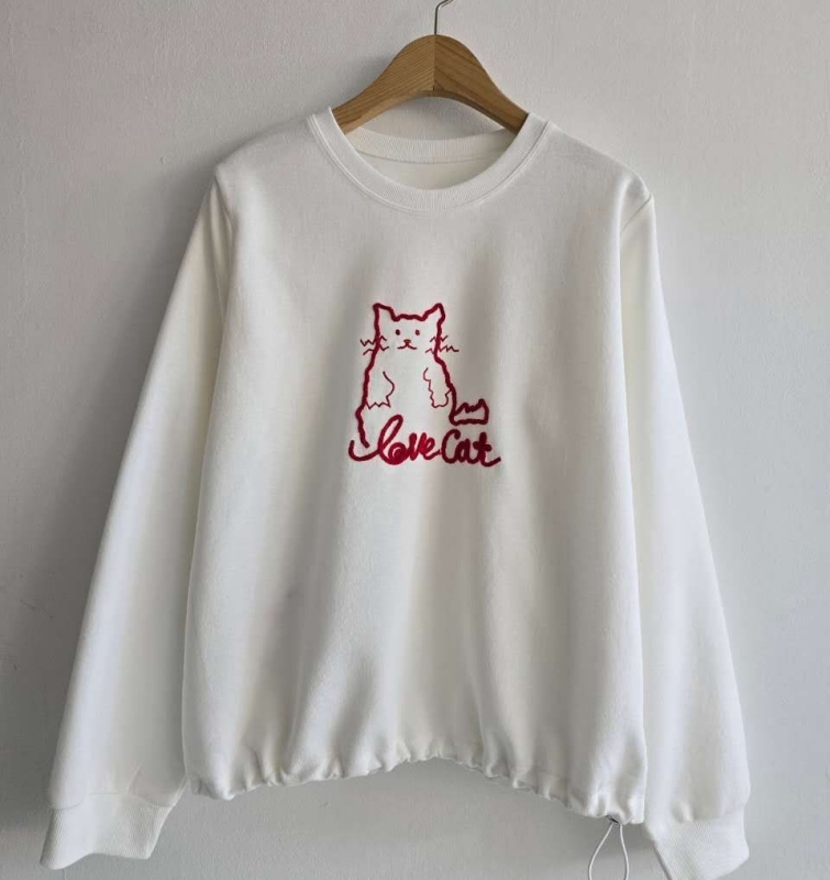 韓 貓咪刺繡抽繩大學T 2色 size