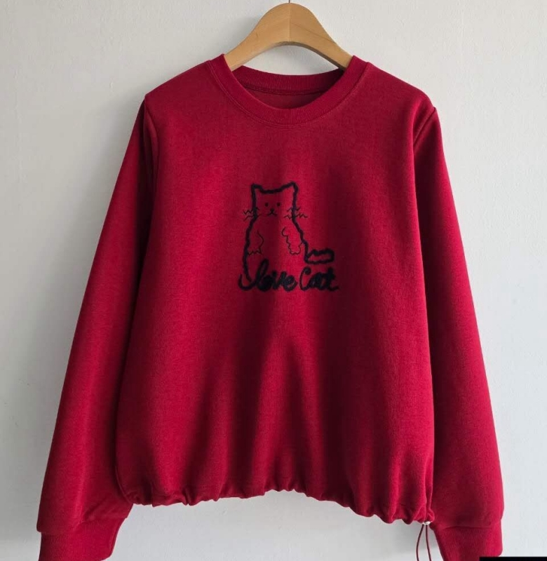 韓 貓咪刺繡抽繩大學T 2色 size
