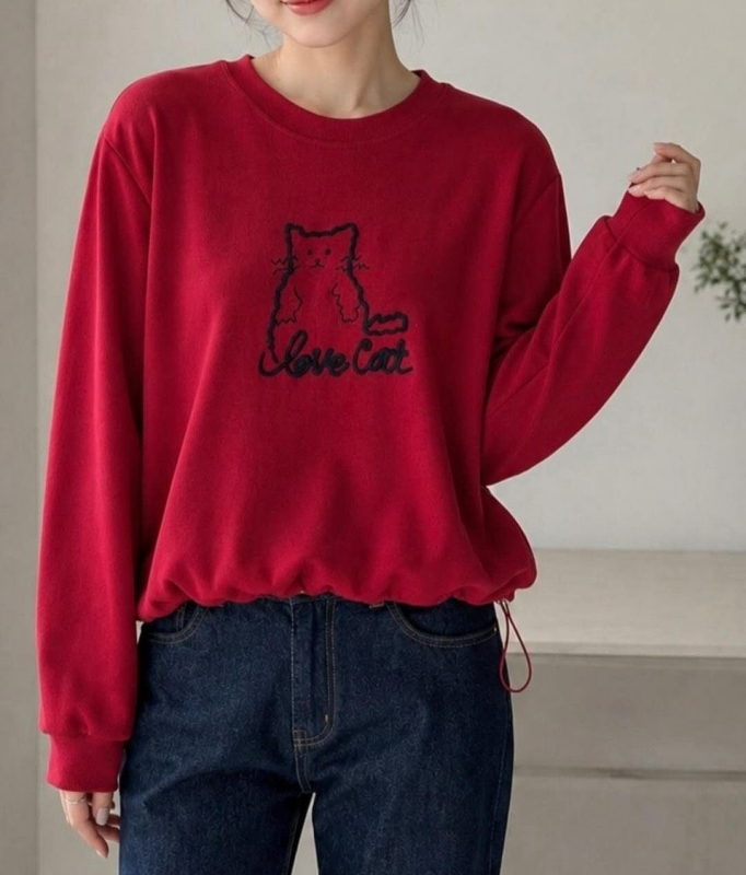 韓 貓咪刺繡抽繩大學T 2色 size