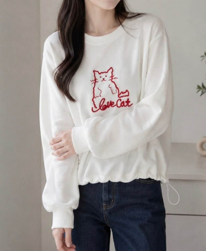 韓 貓咪刺繡抽繩大學T 2色 size