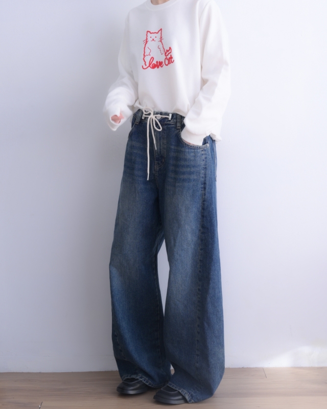 韓 貓咪刺繡抽繩大學T 2色 size
