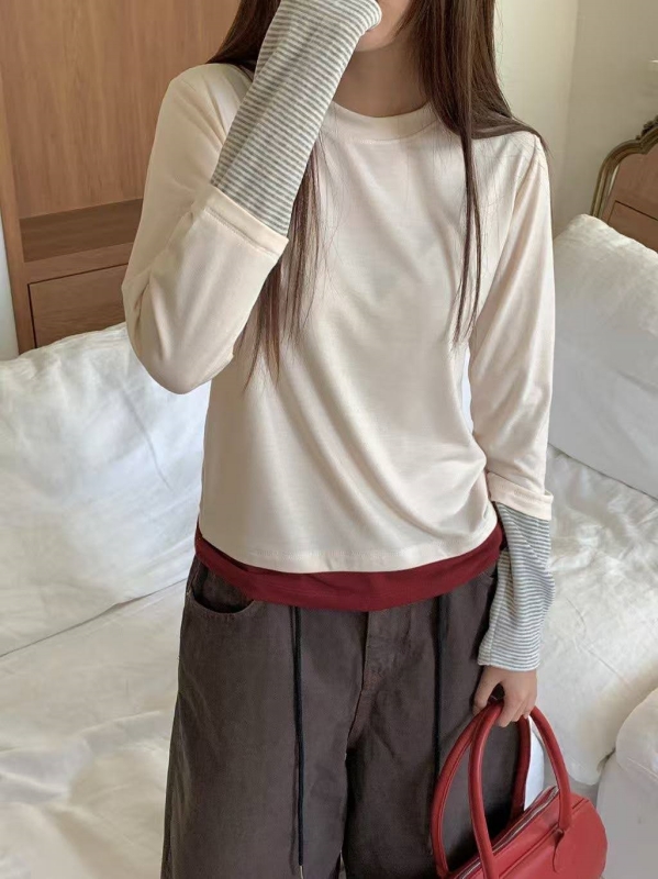 韓 條紋袖拼接上衣 2色