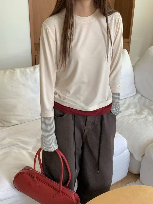 韓 條紋袖拼接上衣 2色
