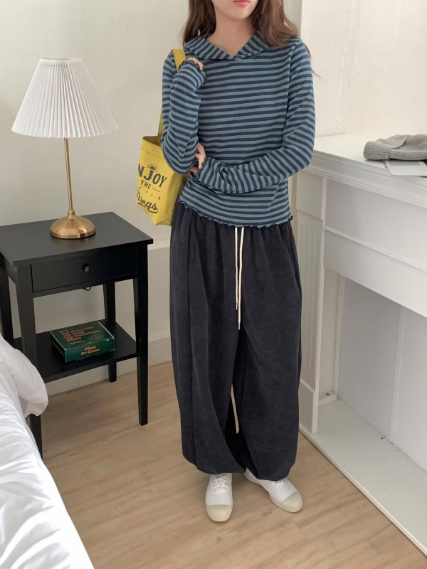 韓 條紋捲邊連帽上衣 3色