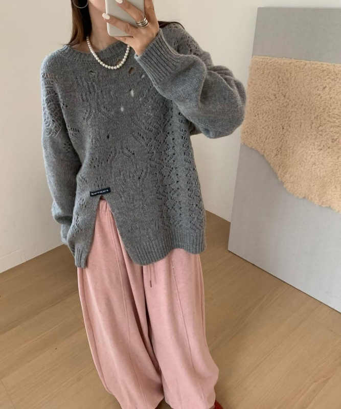 韓 鏤空織紋開衩上衣 2色