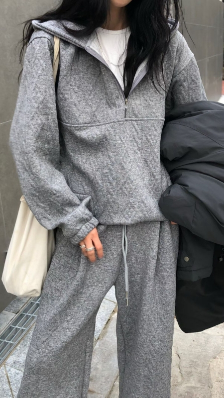 韓 菱格織紋半拉鍊連帽上衣 3色