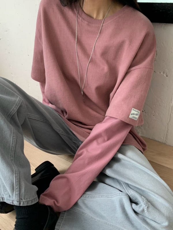 韓 小標拼接袖上衣 4色