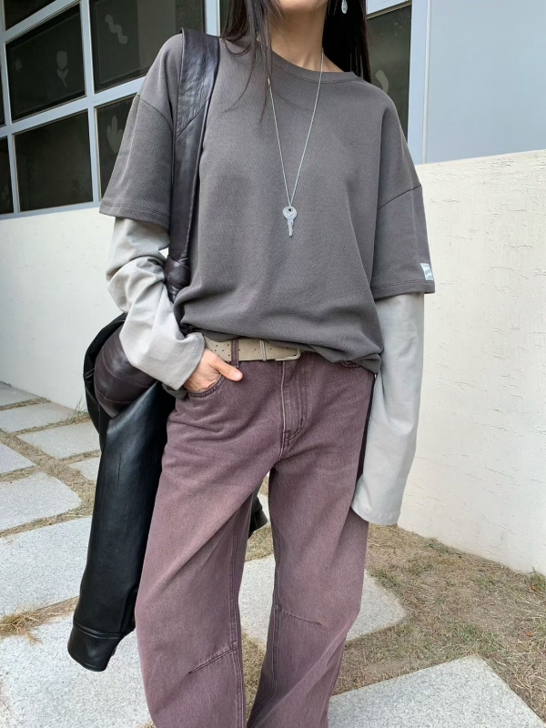 韓 小標拼接袖上衣 4色