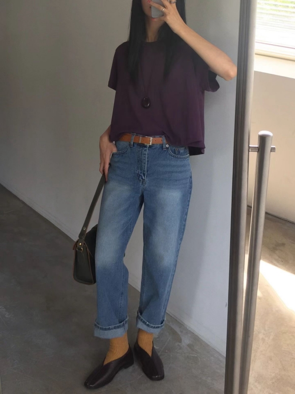 韓 刷色直筒牛仔褲
