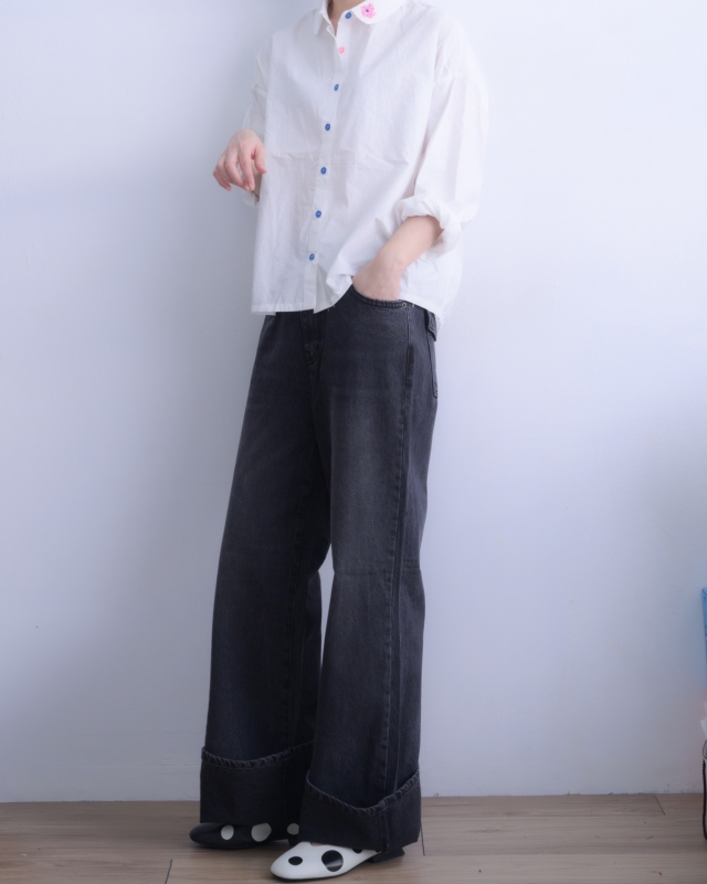 韓 黑刷色牛仔寬褲 size