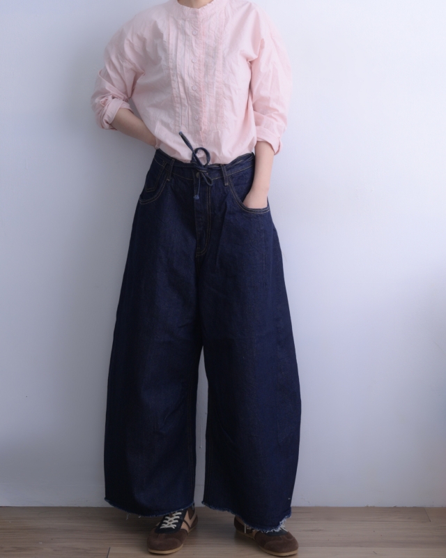 韓 深藍綁帶牛仔寬褲 size