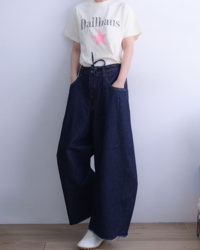 韓 深藍綁帶牛仔寬褲 size