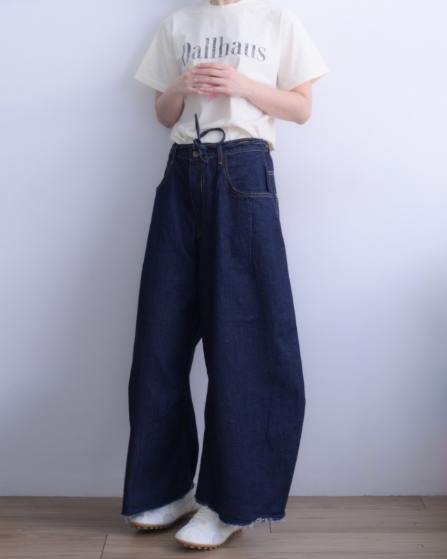 韓 深藍綁帶牛仔寬褲 size