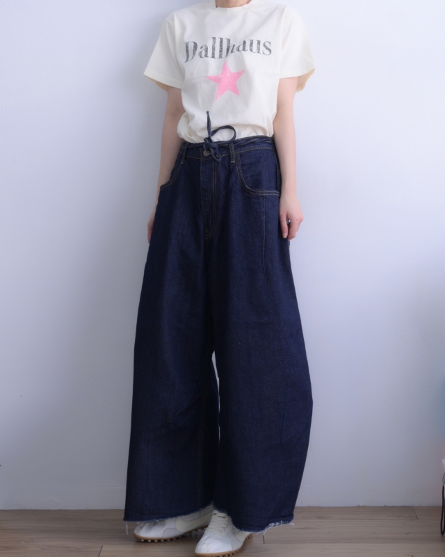韓 深藍綁帶牛仔寬褲 size