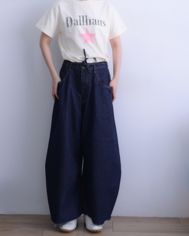 韓 深藍綁帶牛仔寬褲 size