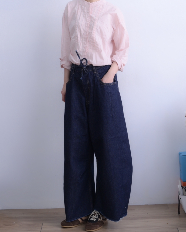 韓 深藍綁帶牛仔寬褲 size
