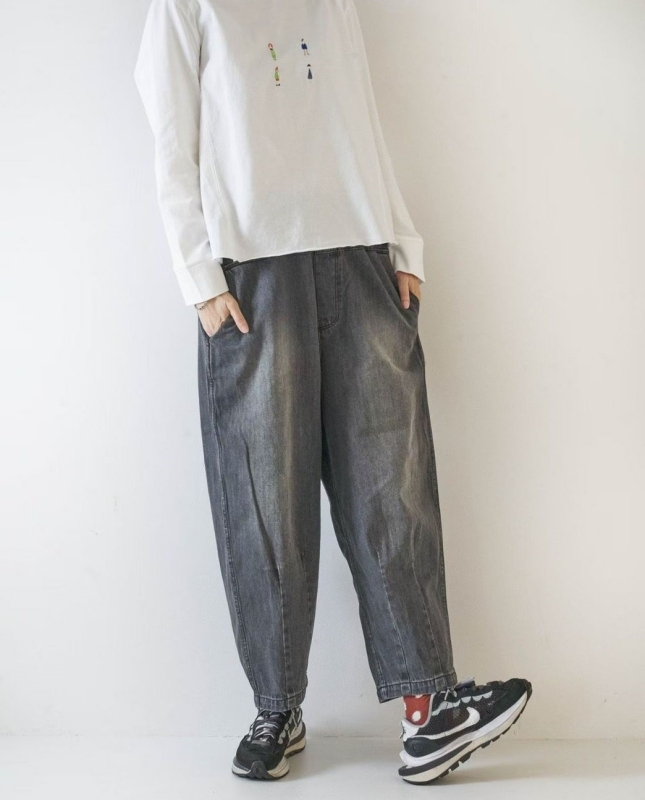 韓 弧形剪裁鬆緊腰牛仔寬褲 2色 size
