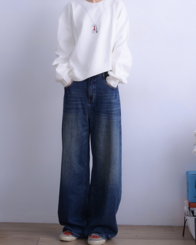 韓 弧線口袋刷色牛仔褲 size