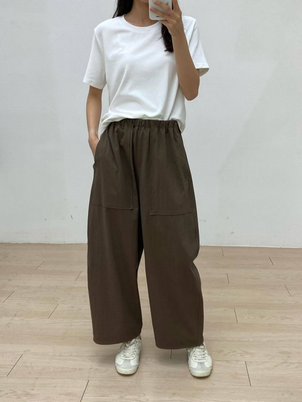 韓 鬆緊腰大口袋寬褲 2色
