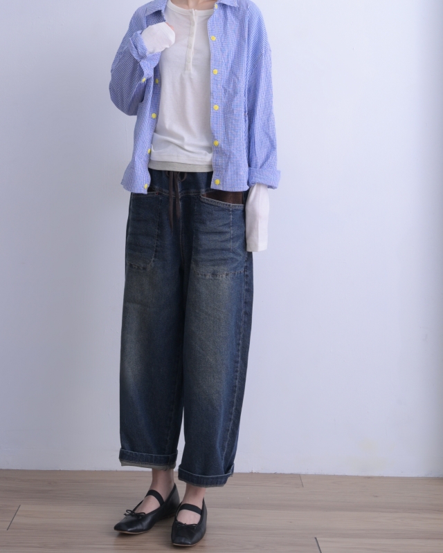 韓 咖口袋牛仔寬褲