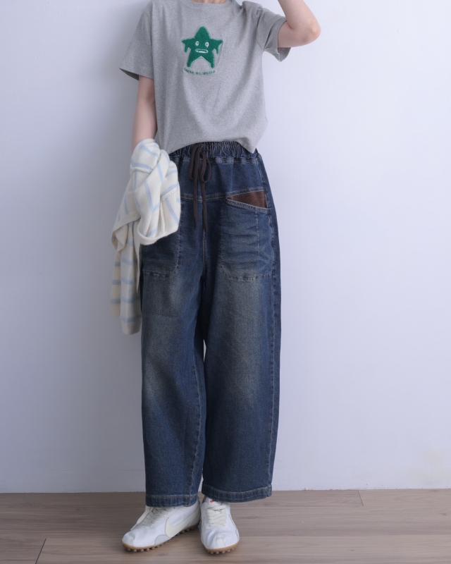 韓 咖口袋牛仔寬褲