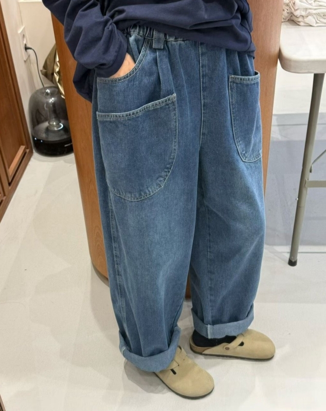 韓 雙層大口袋牛仔寬褲 2色