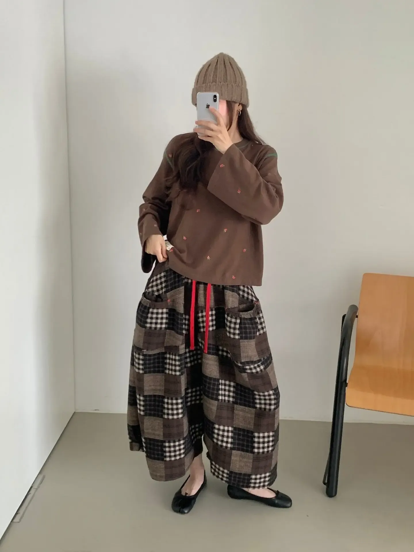 韓 拼接格紋綁帶寬褲 2色 size