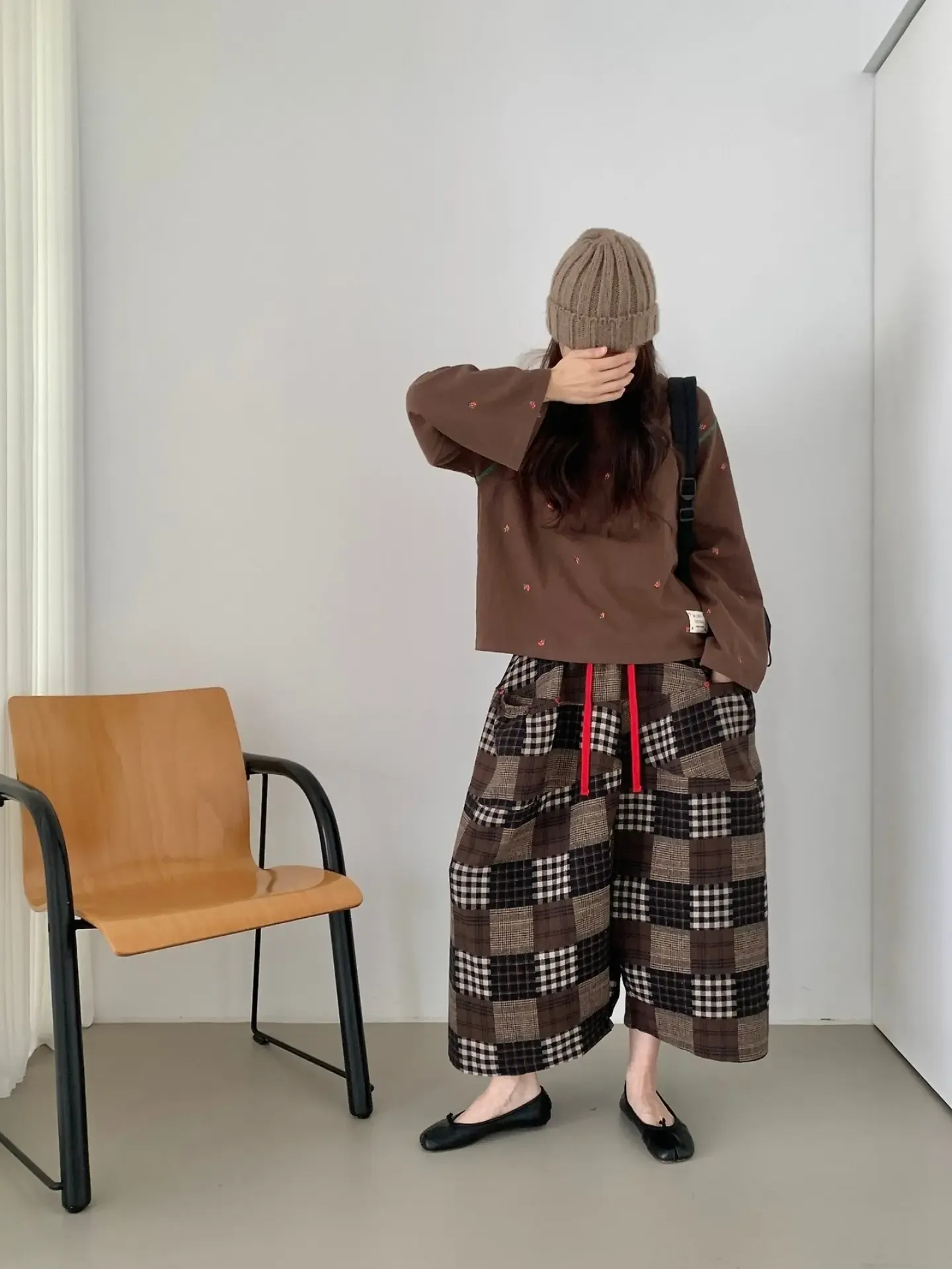 韓 拼接格紋綁帶寬褲 2色 size