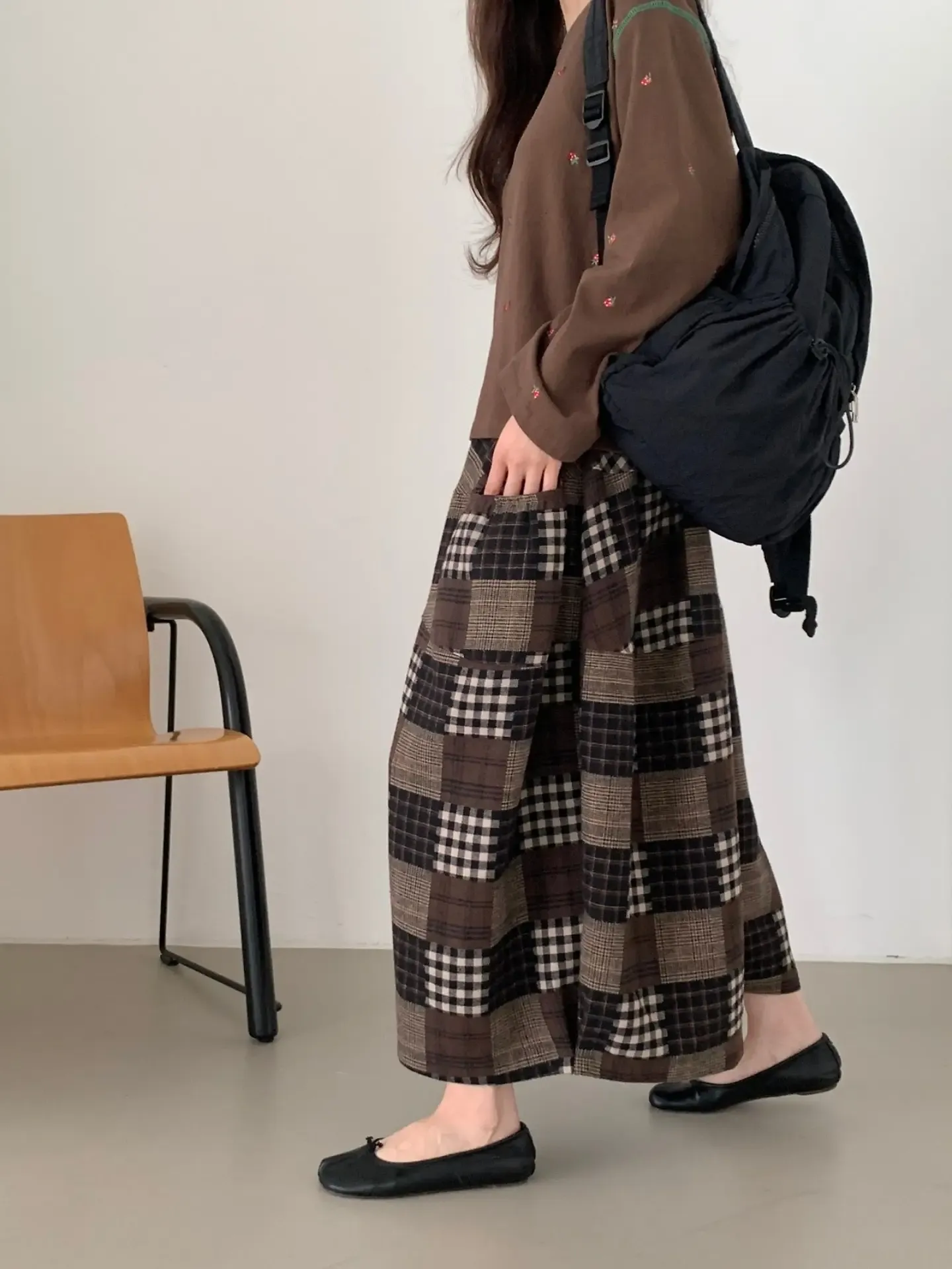 韓 拼接格紋綁帶寬褲 2色 size