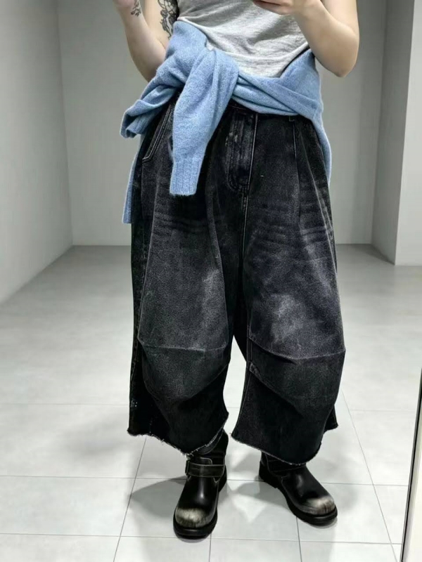 韓 車線刷色黑牛仔寬褲