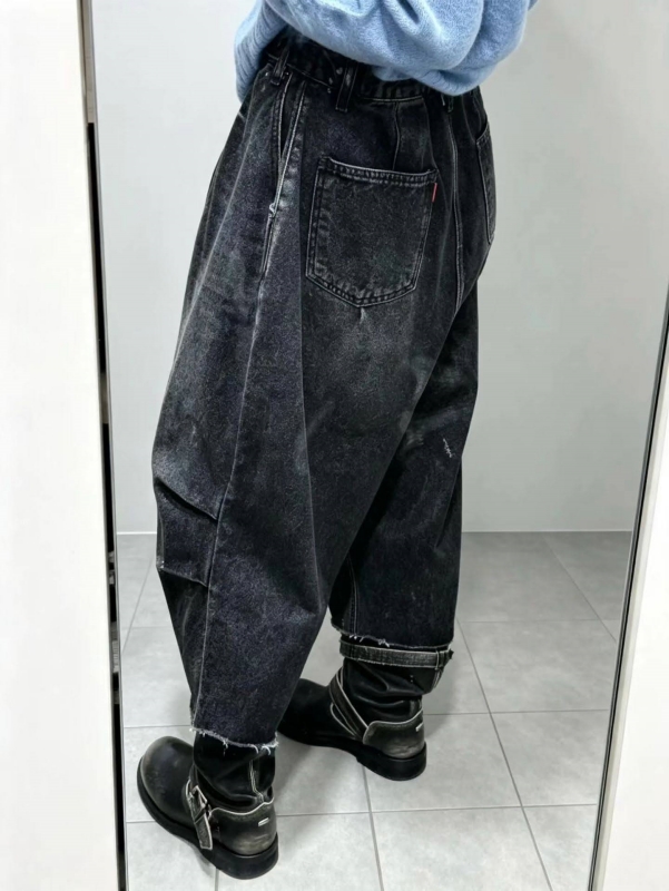 韓 車線刷色黑牛仔寬褲