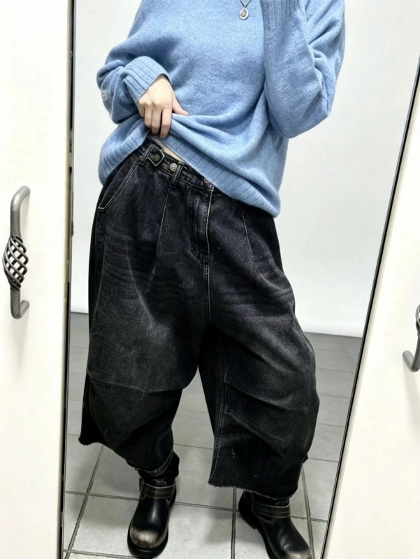 韓 車線刷色黑牛仔寬褲