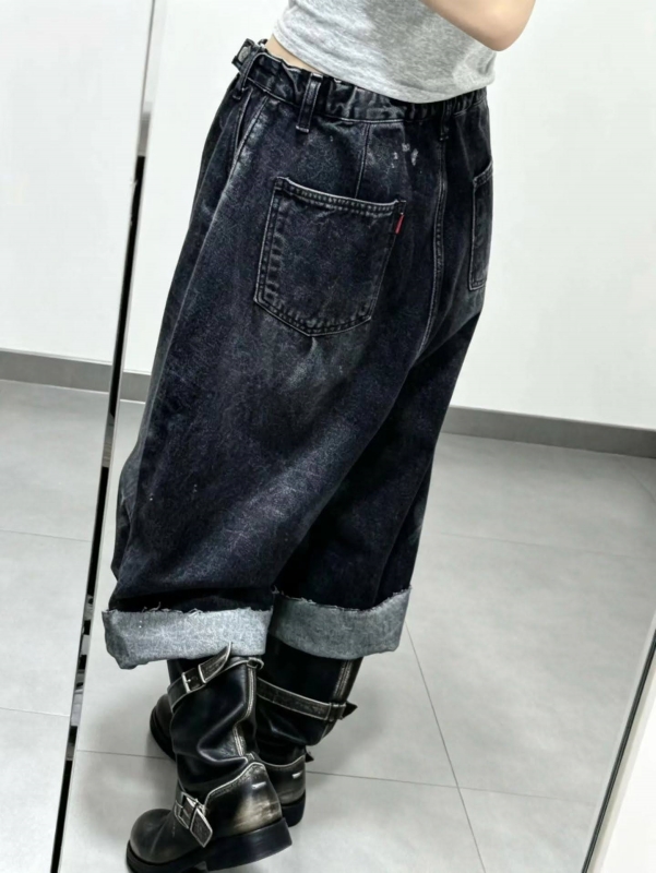 韓 車線刷色黑牛仔寬褲