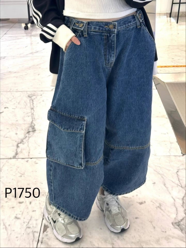 韓 側大口袋牛仔寬褲
